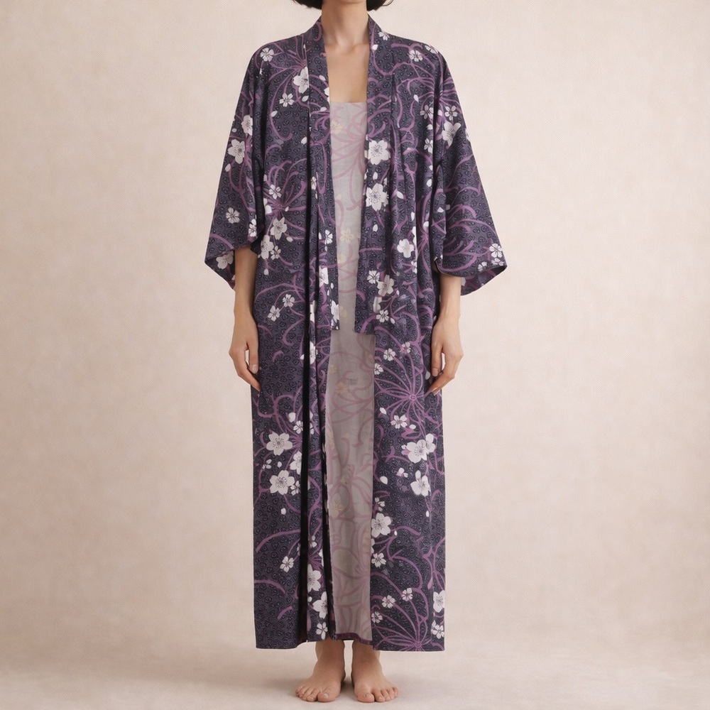 Midori Obi Arts Yukata Floral Kimono Duster Robe Purple Lavender White Boho